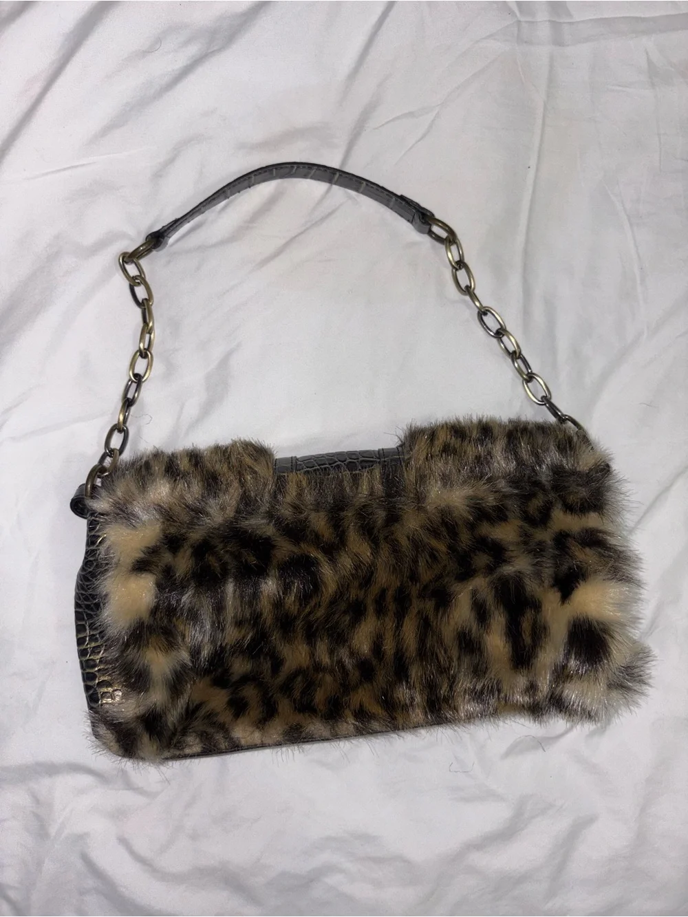 MX Leopard Faux Fur Chain Shoulder Bag - Brown